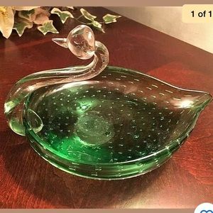 Murano Green Sommerso Controlled Bubbles Swan Dish